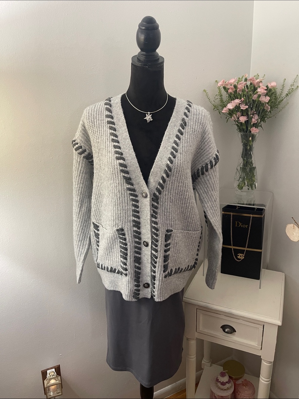Rain + Rose Gray V-Neck Whipstitch Cardigan Sweater